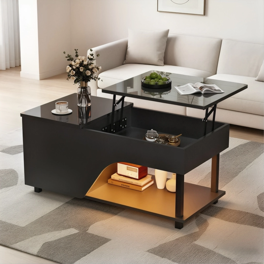 Tavolino da soggiorno regolabile in altezza 50 x 100 x 46 cm; con LED; vano contenitore; nero