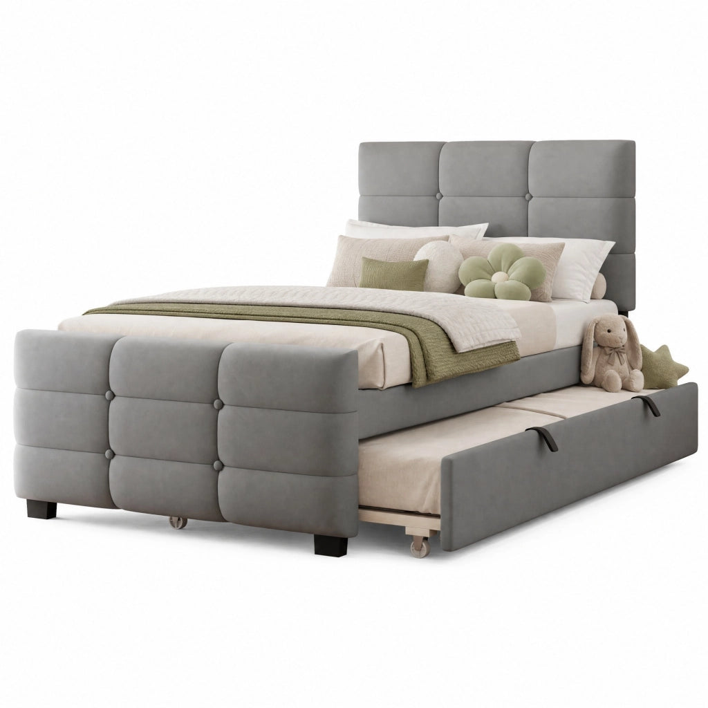 LETTO per bambini 90x190 cm con letto estraibile in velluto grigio