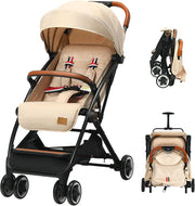 Passeggino Pighevole per Bmabini, Passeggino con Schienale e Poggiapiedi Regolabili, Passeggino Leggero Portata 15 kg, con Cappottina e Zanzariera, per Bambini 0-3 Anni (Beige)