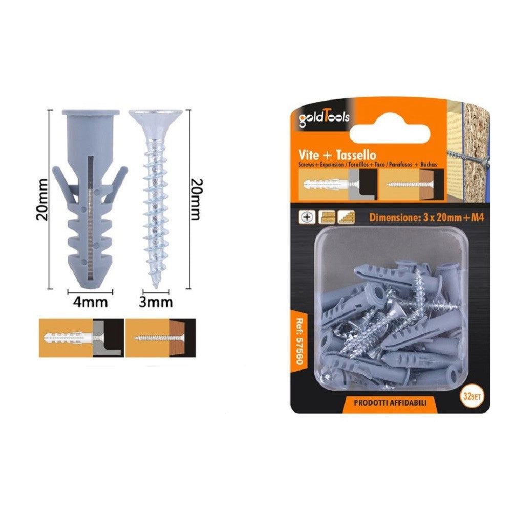 Trade Shop - Set 32 Pz Viti Vite Croce 3x20mm + Tasselli Con Alette Tassello M4 Fischer 57560 -
