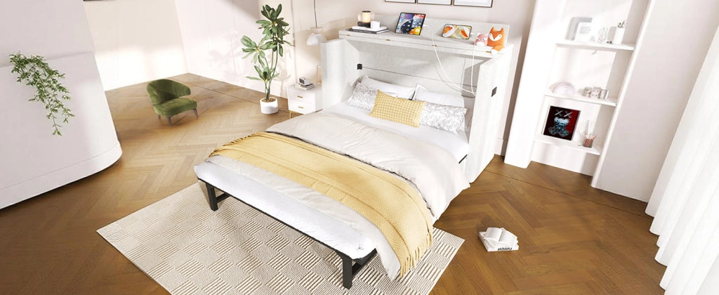 DESMIU Letto a scomparsa 140 × 200 cm 2 posti con USB, Type-C, cassetto e ripiano, senza materasso, beige