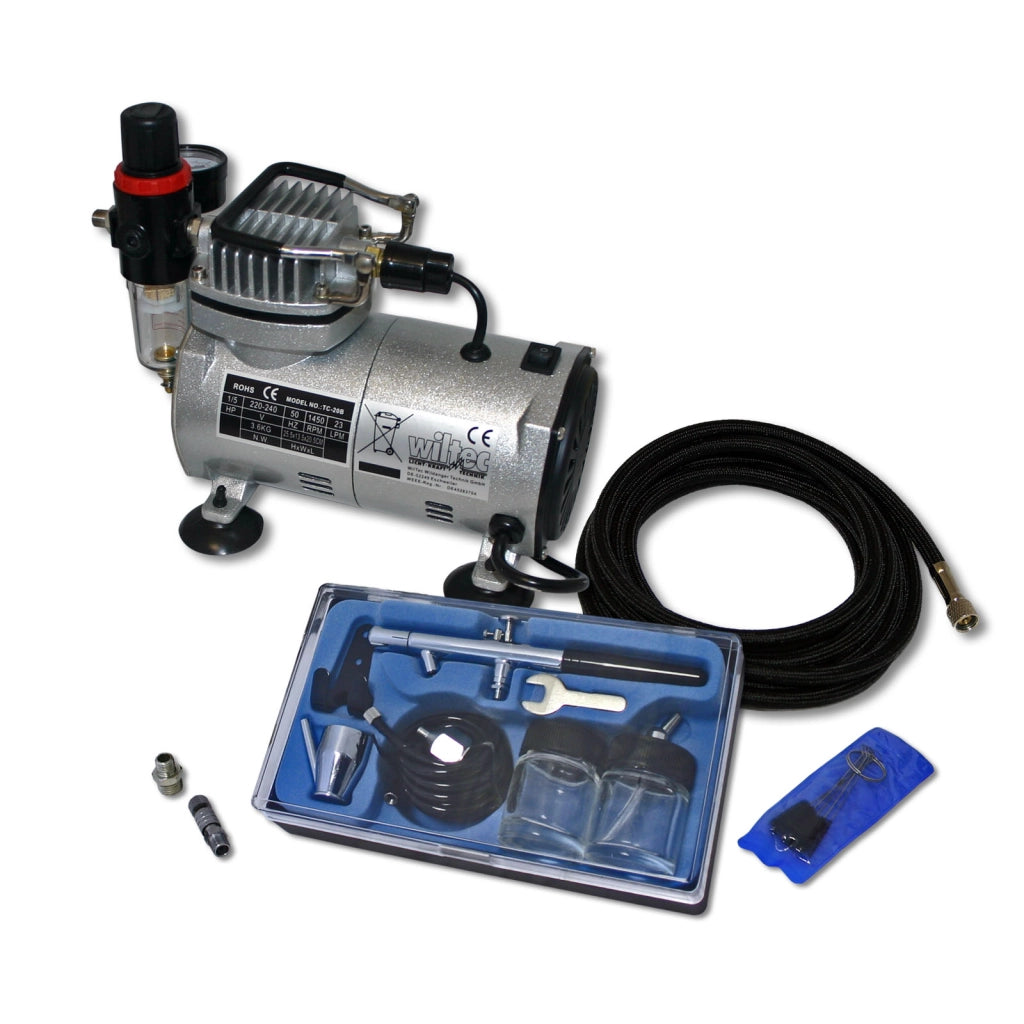 Set aerografia Compressore oil free AS18-2, Aerografo doppia azione, Accessori con tubo e raccordi