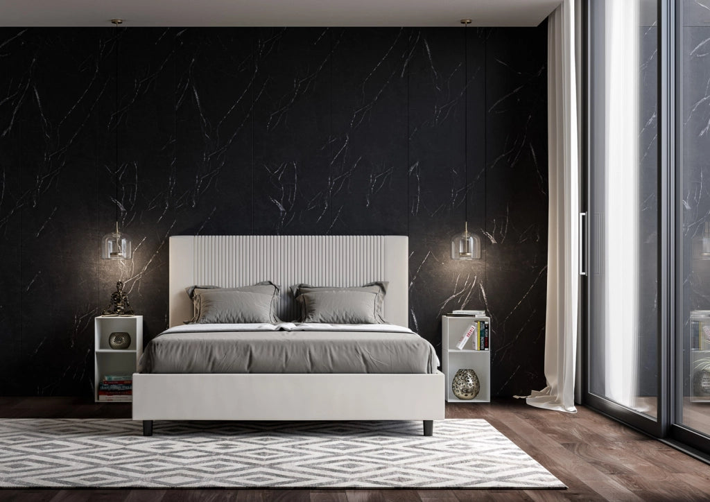 Letto Matrimoniale 160x190 cm con Rete e Contenitore con Testata e Alzata Comoda Imbottito in Similpelle Goya Bianco