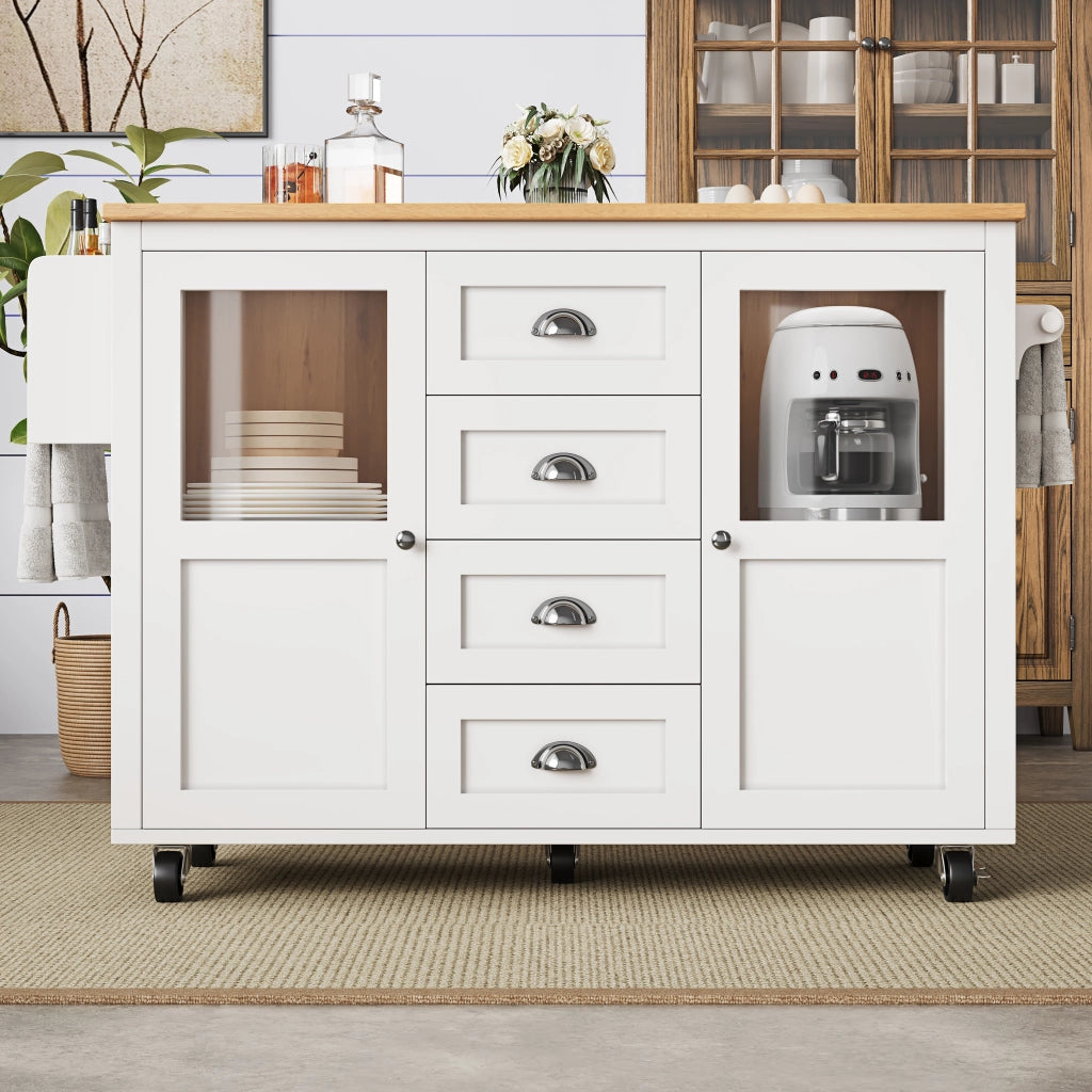 Carrello da Cucina con 4 Cassetti e 2 Ante; Piano Ribaltabile; Portaasciugamani e Portaspezie; Bianco