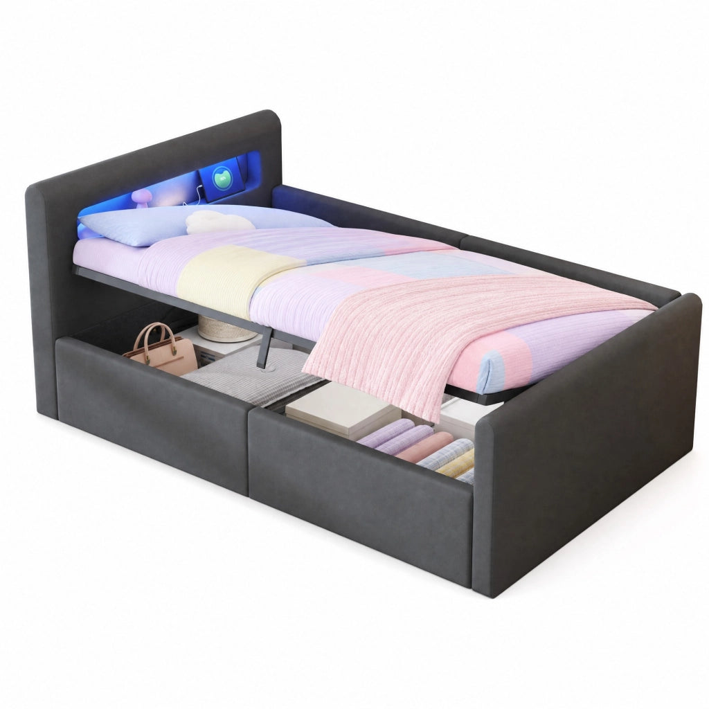 Letto imbottito bambini 90x200 cm in velluto grigio con LED; USB e contenitore