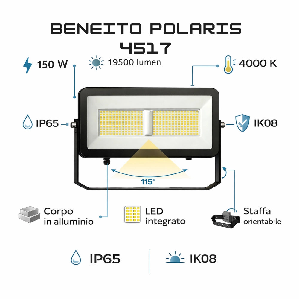 Proiettore led beneito polaris nero alta potenza ip65 *** colore nero, watt 150 watt, confezione 1
