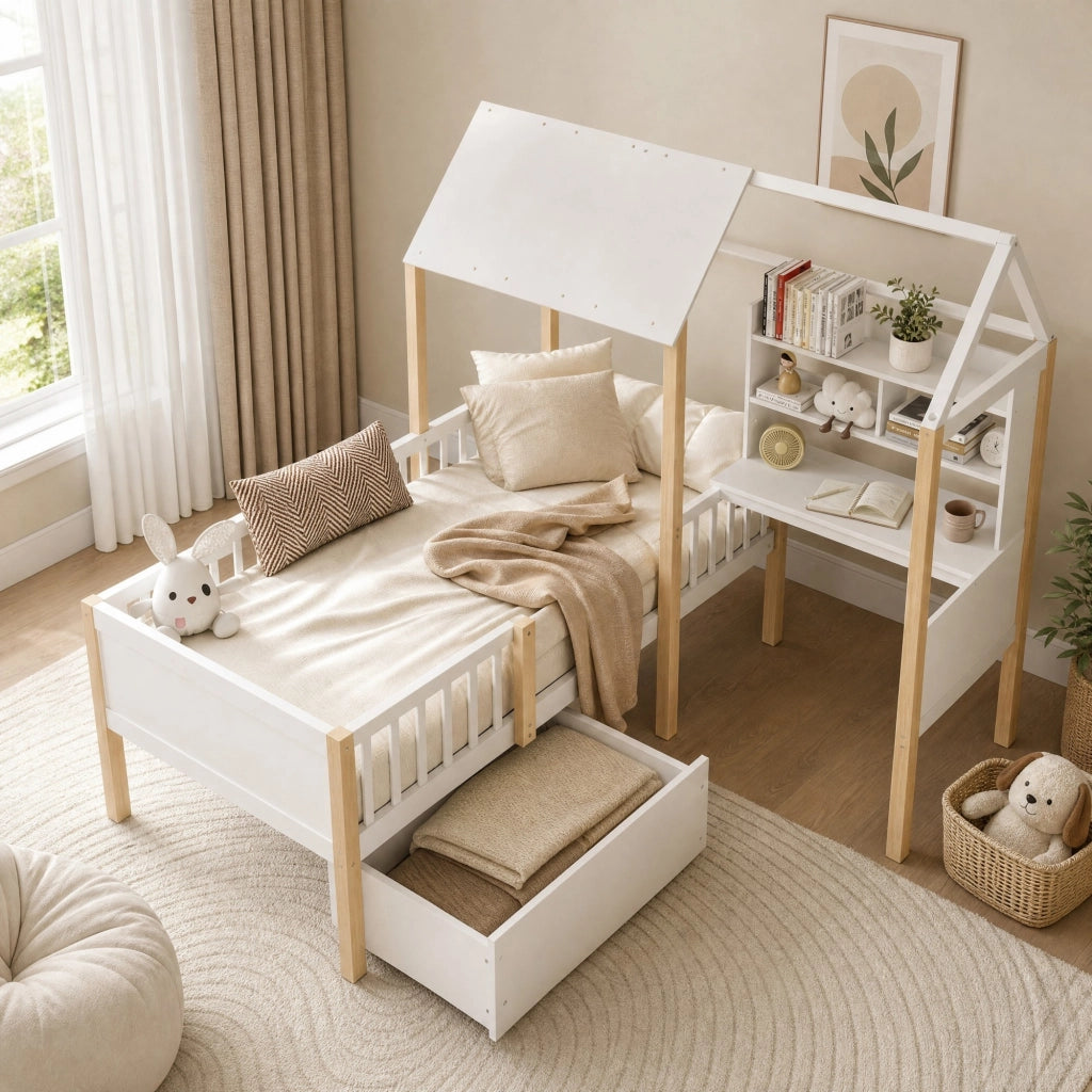 Letto a casetta per bambini 90x200 cm con scrivania; libreria e cassetti; bianco