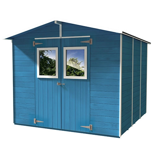 Casetta Box Capanno in Legno Azzurra per Attrezzi con 2 Porte e Finestre 238X305X214Cm