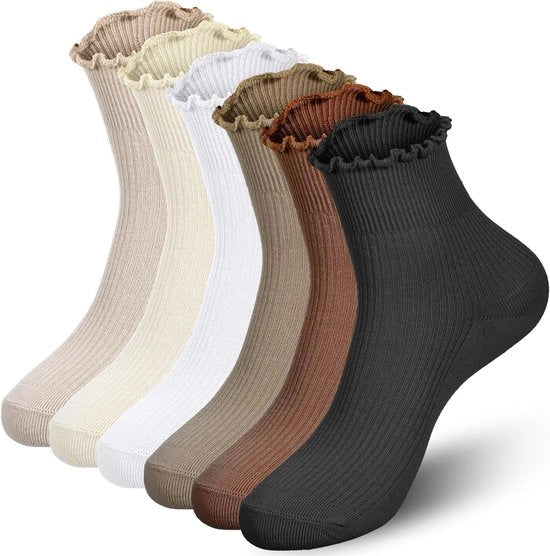 6 paia di calze di cotone respirante con ruches - calze carine e morbide con bordo ondulato - ideali per ogni tipo di scarpa - leggere e comode - design trendy e di stile.
