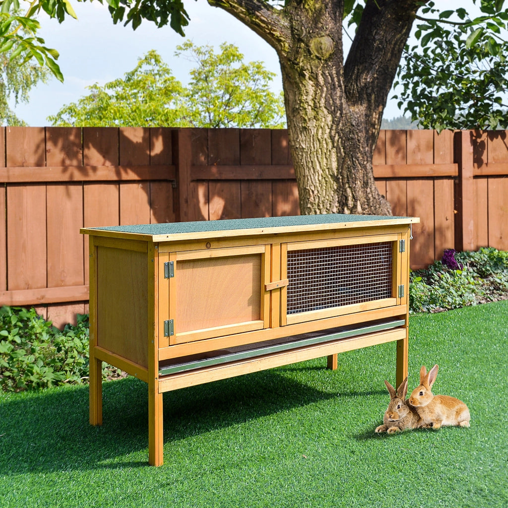 Casetta per conigli in legno con tetto apribile, 2 porte, vasca antigoccia, 115x44,3x65 cm ¨C zephmum ¨C Giallo chiaro
