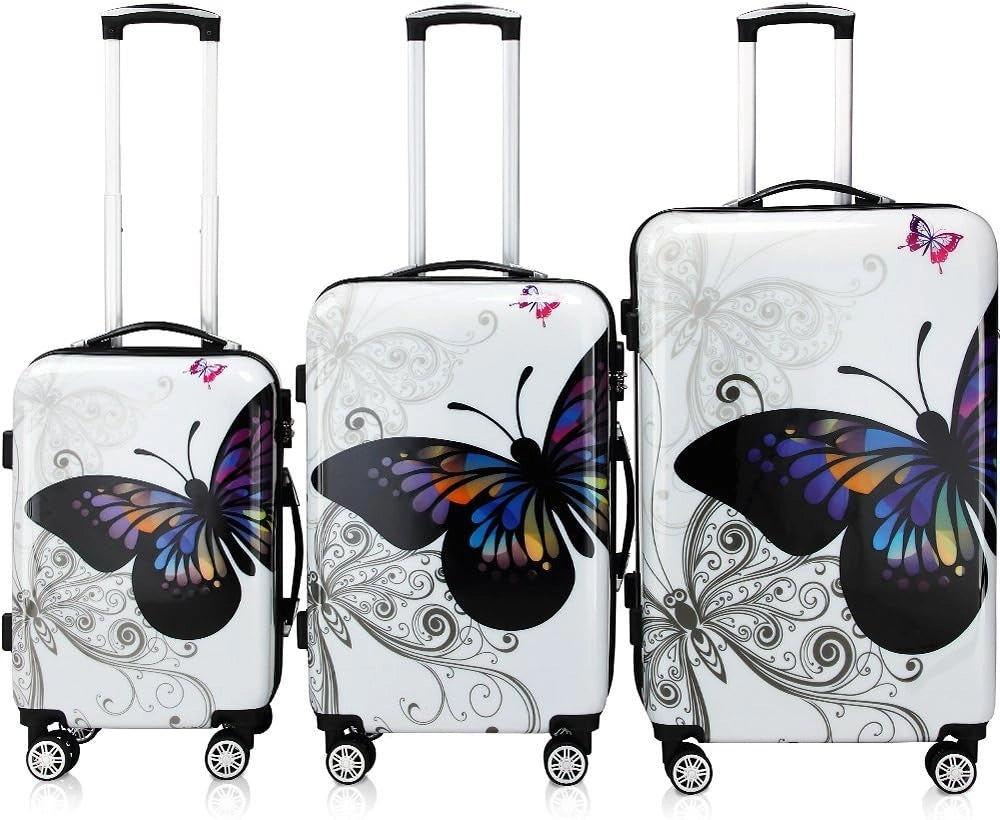 Monzana Set di valigie 3 pz trolley rigida Butterfly con lucchetto rotelle 360° bagaglio a mano valigia M L XL