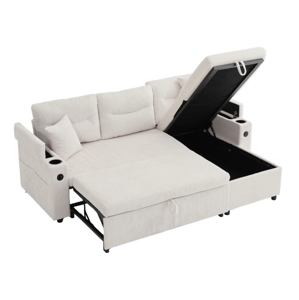 Divano 3 posti in tessuto corduroy beige con chaise longue idraulica; letto estraibile e USB-C