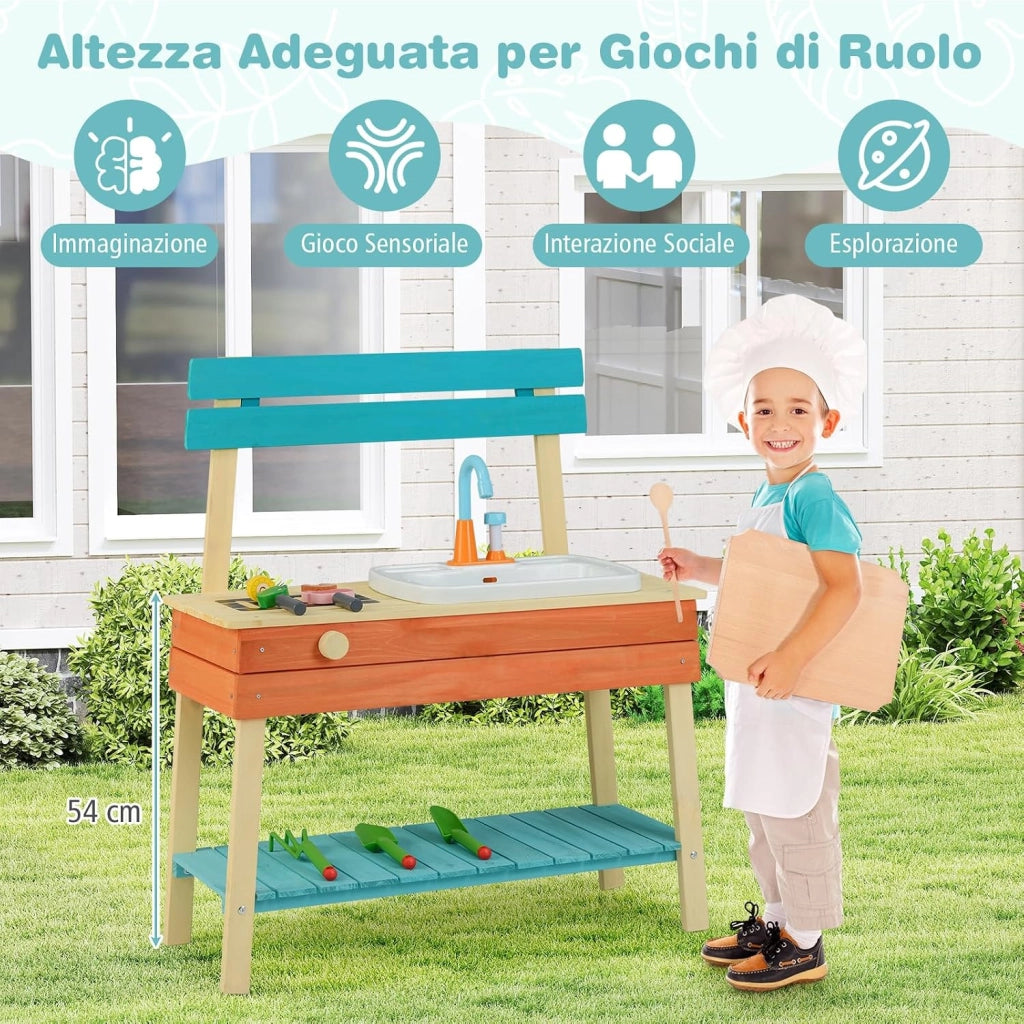 Cucina Giocattolo per Bambini, Cucinatta in Legno con Griglia, Manopola con Suoni, Cibo Giocattoloe e Lavello, Cucina di Fango Interattiva con Accessori da Giardinaggio, per Bambini 3-8 Anni