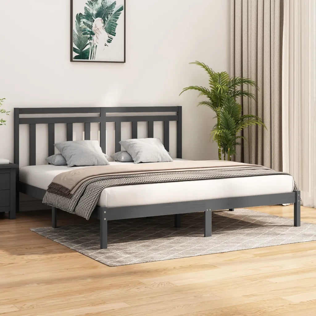 Letto matrimoniale | Letto per adulti | Giroletto Grigio in Legno Massello 200x200 cm