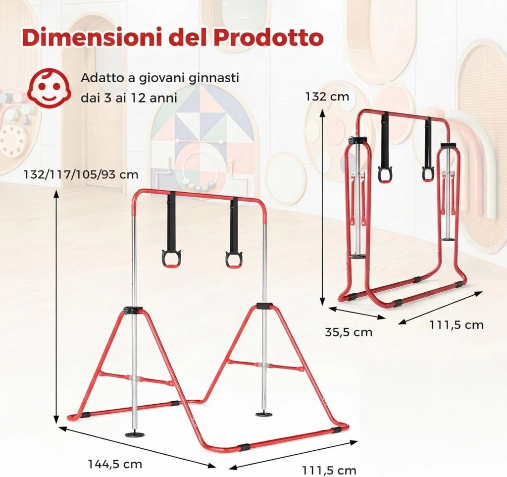 Sbarra Ginnastica Pieghevole per Bambini, Barra Ginnastica per Casa Regolabile a 4 Livelli con Anelli e Cuscinetti Antiscivolo, Attrezzatura Ginnastica per Bambini 3-12 Anni