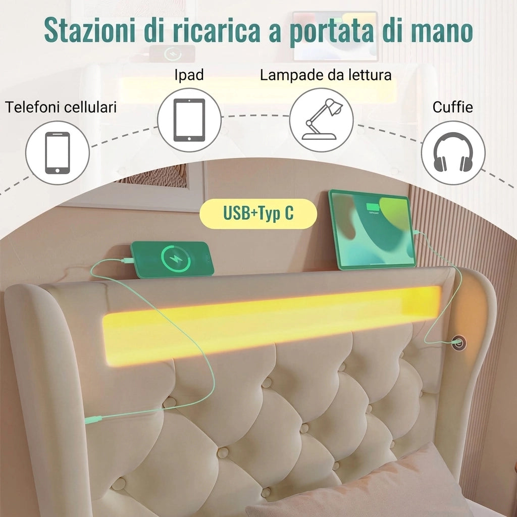 Letto singolo 90x200 contenitore idraulico con LED e prese USB; in velluto; beige