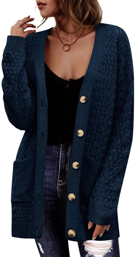 Cardigan con Cappuccio Lungo - Apertura Anteriore - Col V - Chiusura a Bottone - Con Pochette - Leggero e Caldo