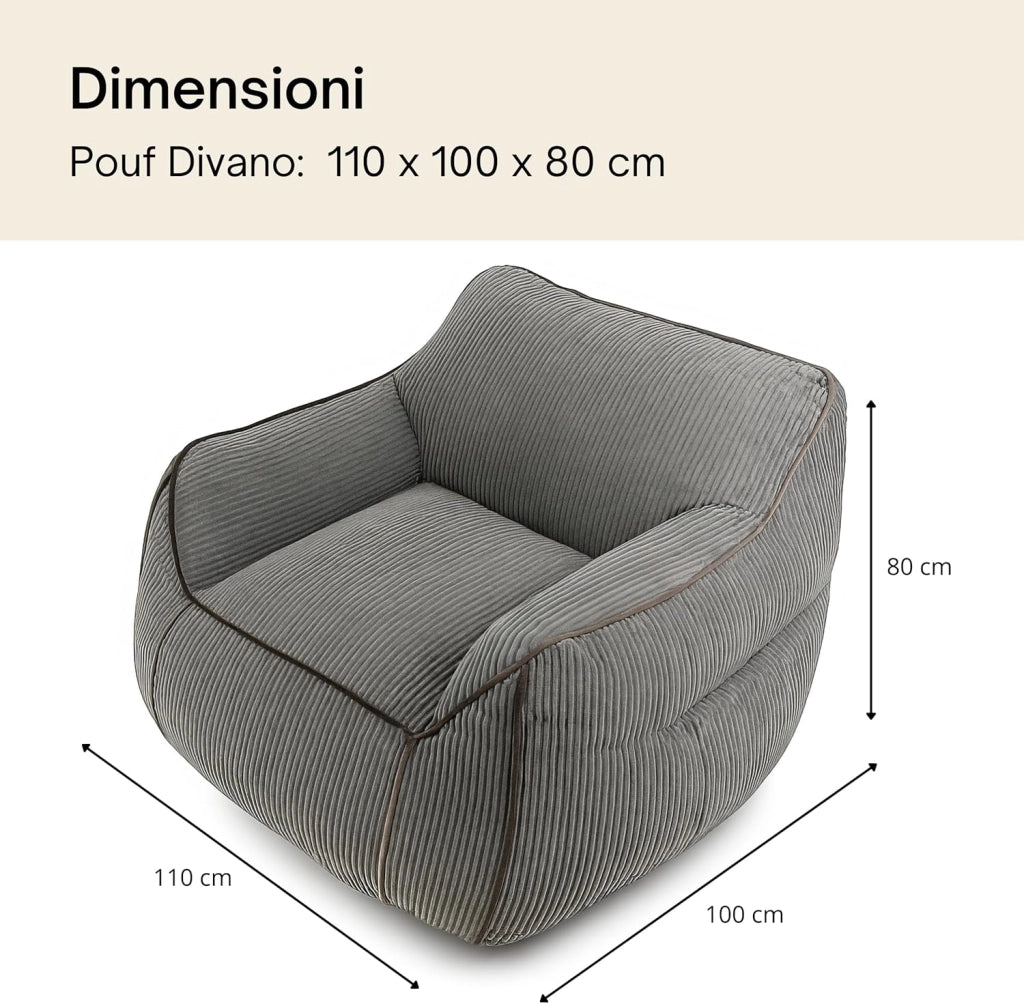 Pouf Poltrona per Salotto e Camera - Tessuto in Velluto a Coste Morbido ed Elegante - Poltrona Sacco Generosamente Imbottito, Ideale per un Ambiente Accogliente (Grigio Scuro)