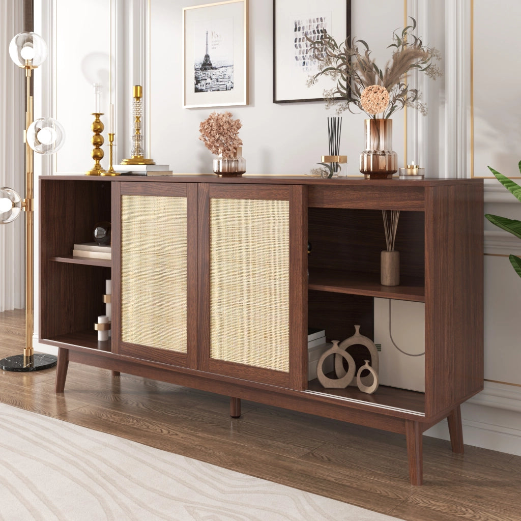 OKWISH Credenza Contenitore con 3 Ante Scorrevoli e 2 Cassetti, Rattan, per Soggiorno, in MDF, 155 x 38 x 80 cm, Legno