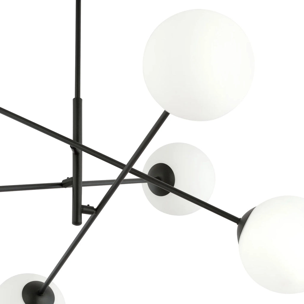 Lampadario 6 Luci Yama In Acciao Nero Con Bracci Regolabili E Vetro Opale