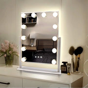 Specchio per Trucco con Illuminazione - 48 x 36,5 cm - Con Bordeggio - 12 Lampade a Led Senza Fiamma con 3 Colori - Rotazione 360 Gradi - Bianco