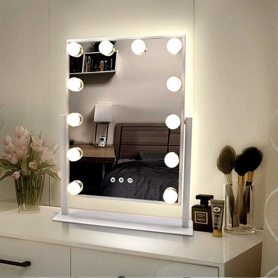 Specchio per Trucco con Illuminazione - 48 x 36,5 cm - Con Bordeggio - 12 Lampade a Led Senza Fiamma con 3 Colori - Rotazione 360 Gradi - Bianco