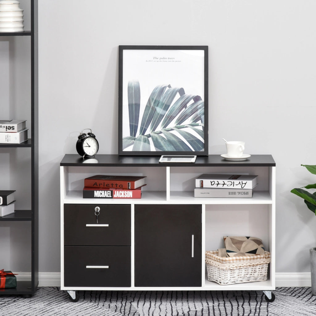 Scrivania con cassetti e ripiani rotelle ¨C zephmum ¨C nero bianco 100x35x65 cm