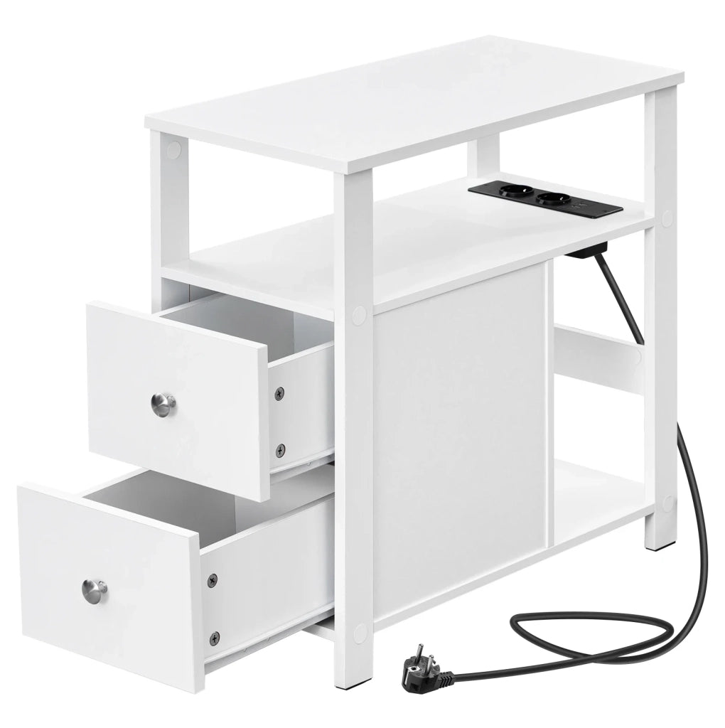 Tavolino laterale bianco con presa; 2 cassetti e ripiani; 60 x 60 x 30 cm