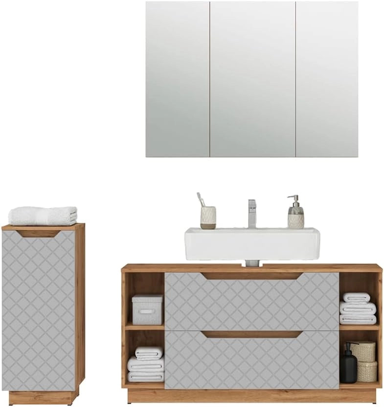 Set di mobili da bagno Lotta, Rovere/grigio con struttura in piastrelle, 3 parti