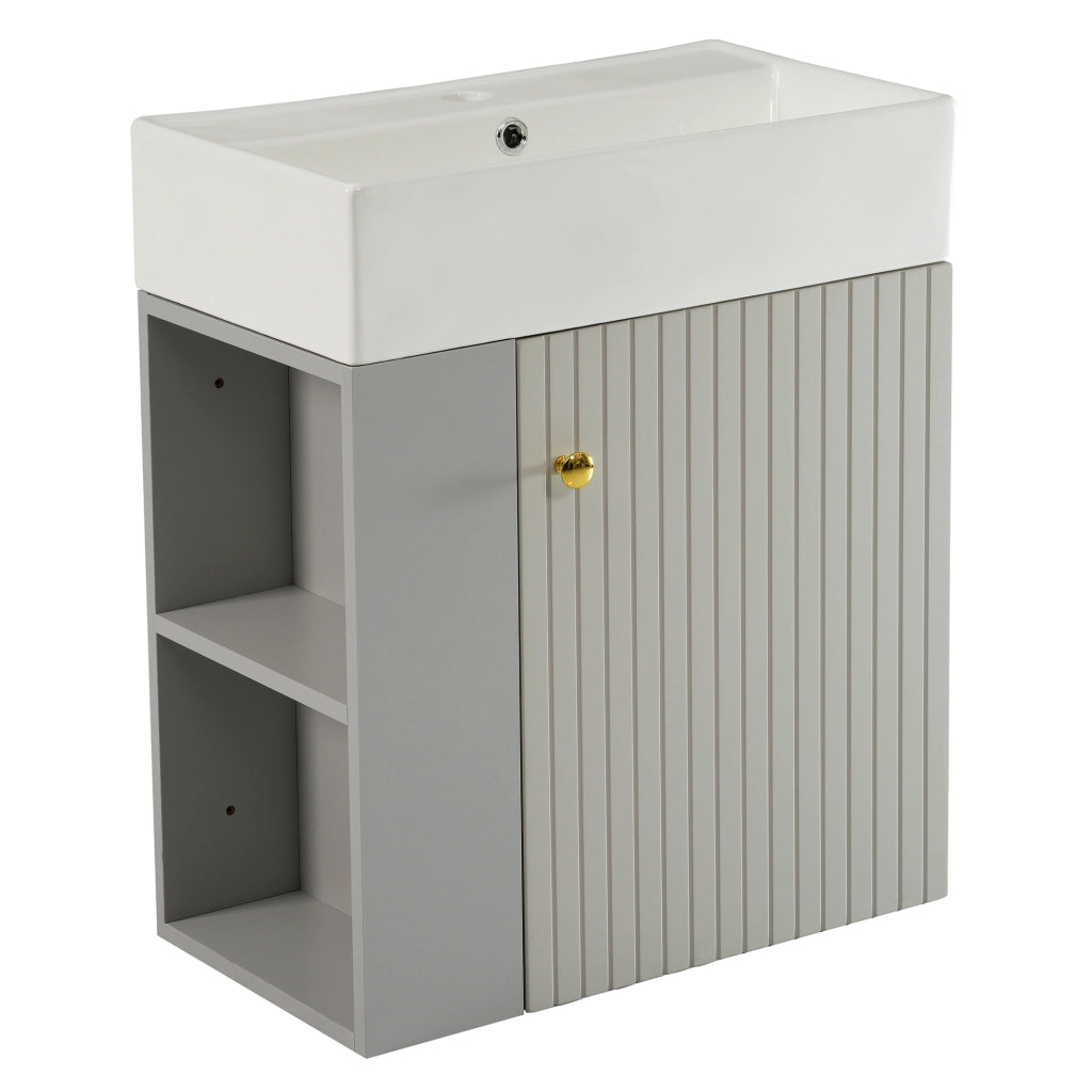 Mobile sottolavabo sospeso con lavabo ceramico e finitura grigio bianco per piccoli bagni