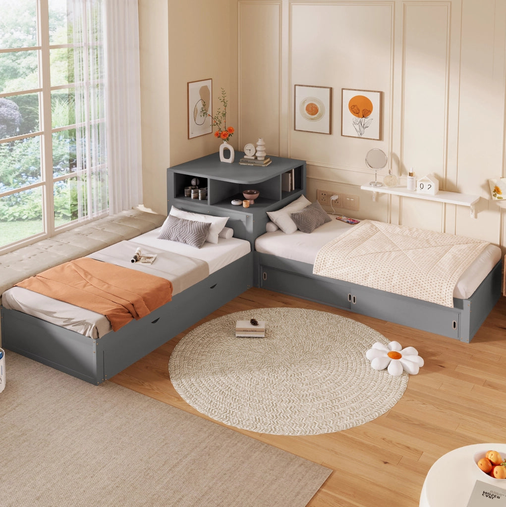 Letto singolo 90x200 con letto estraibile, LED e vani grigio