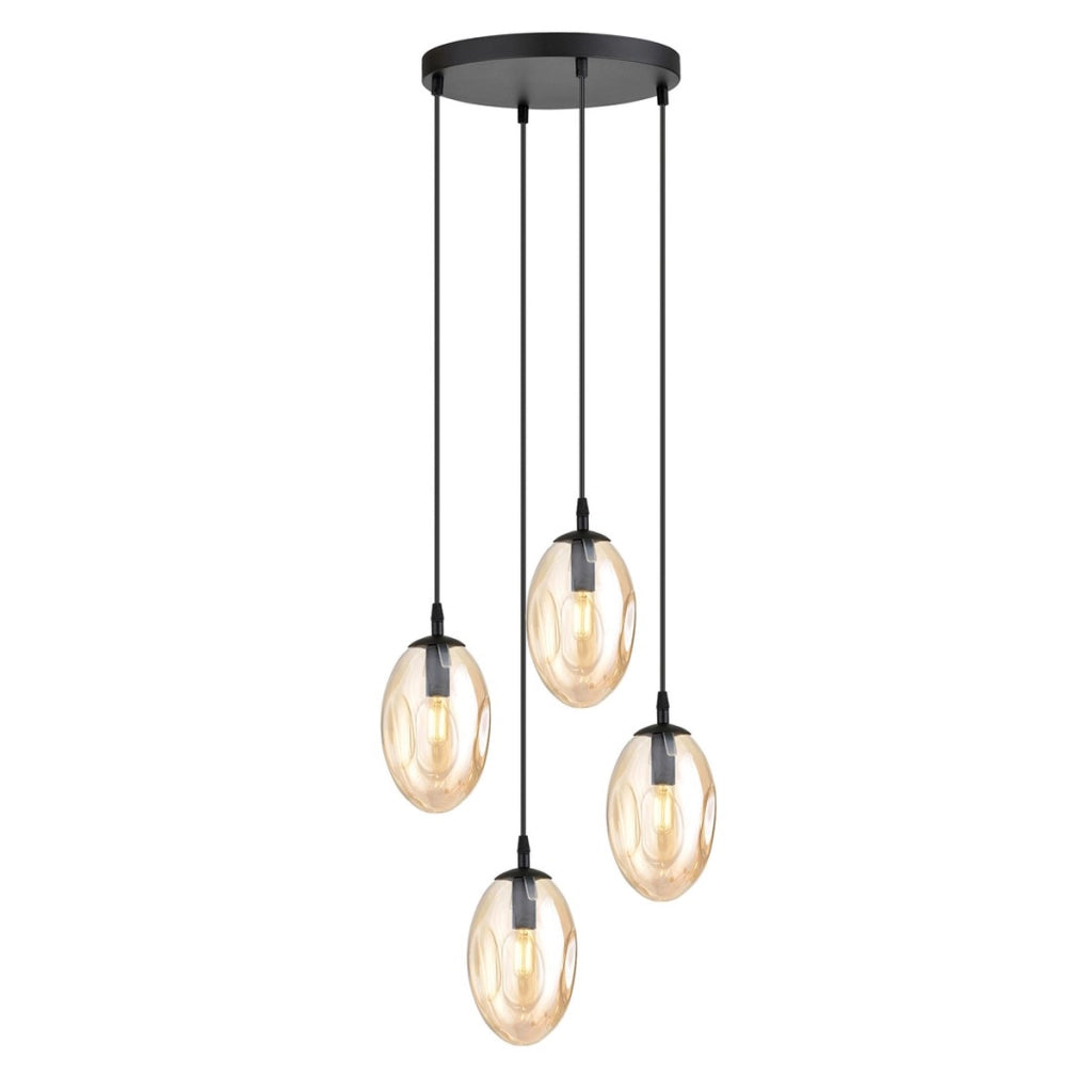 Lampada a sospensione Astral in acciaio nero e vetro ambra