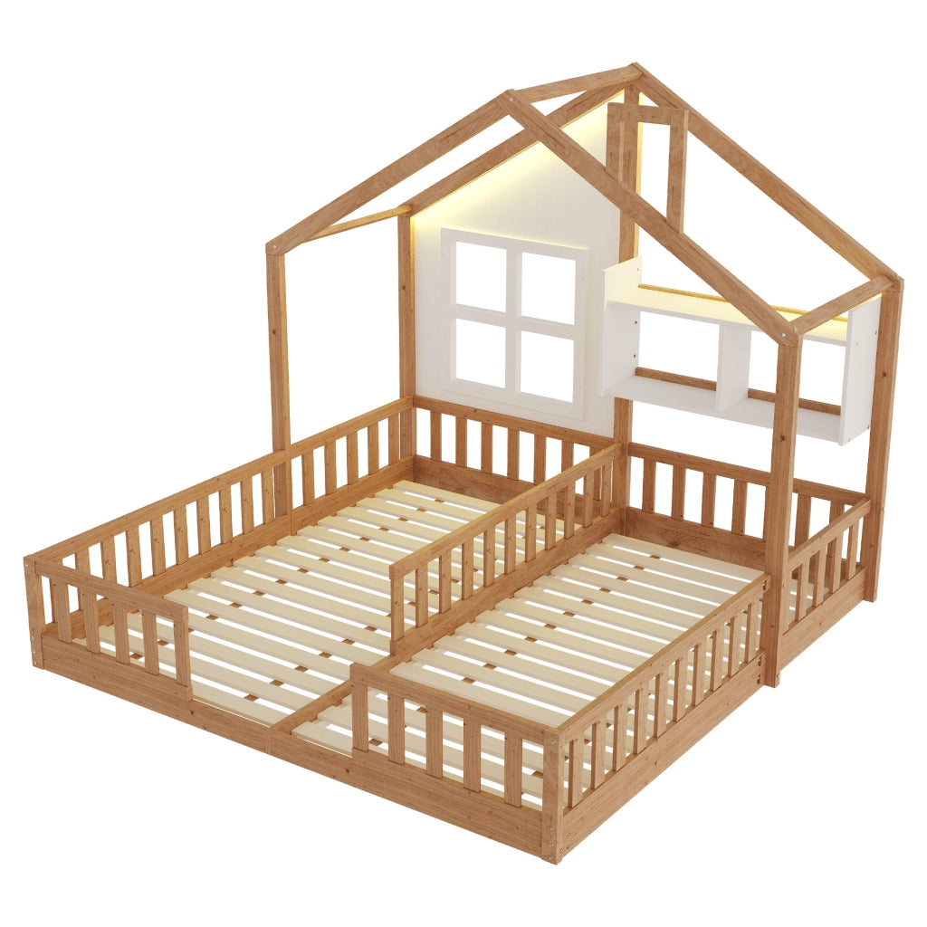 Letto doppio per bambini a forma di casetta 90x200 cm con LED e sponde di sicurezza