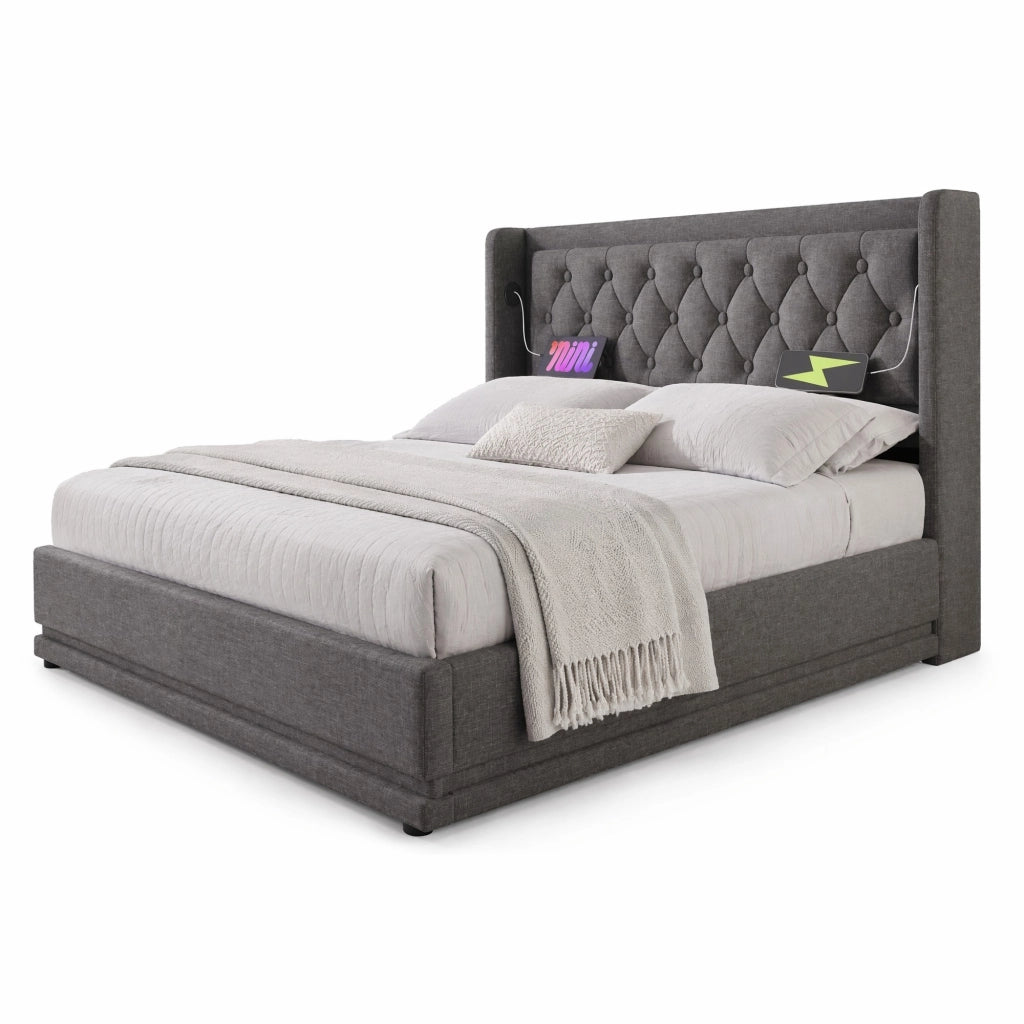 Letto matrimoniale 160x200 cm con contenitore, USB Type-C e LED, in cotone grigio