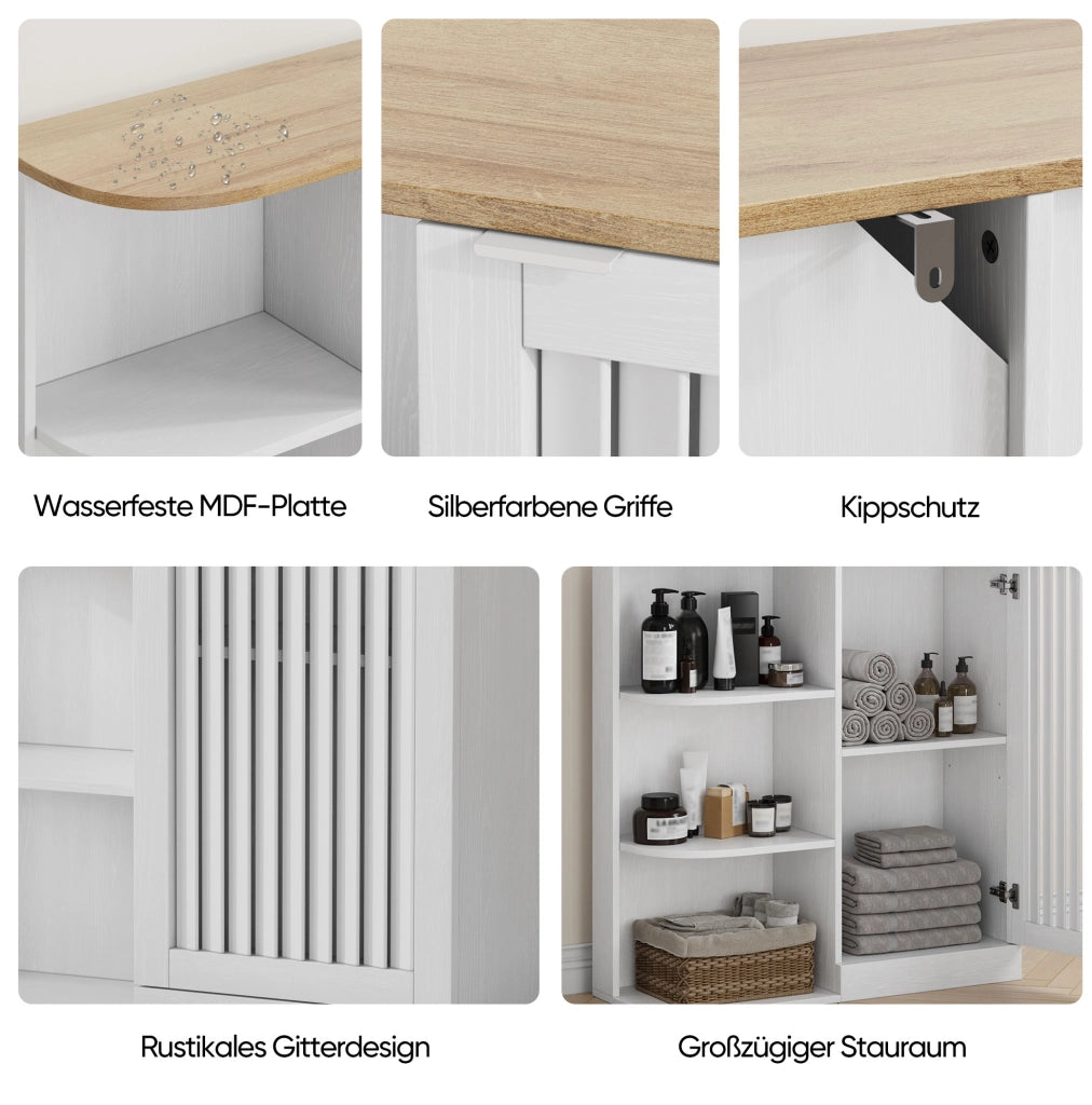 Mobile angolare da bagno con 3 ripiani aperti e ripiani regolabili; MDF bianco e rovere; 68x25x76 cm