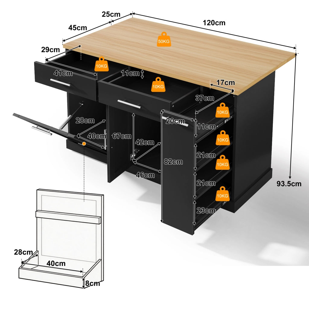 Isola Cucina su Ruote con Piano Ribaltabile e 2 Cassetti ¨C MINIMAL ¨C 120x45x93 cm
