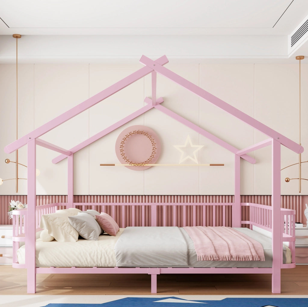 Letto per bambini in metallo a forma di casetta 140x200 cm; rosa