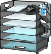 Organizzatore per ufficio 6 strati con 4 contenitori per penne, organizzatore per scrivania con rete, cassetto per lettere con maniglia, organizzatore per cartelle, cassetto per A4, nero