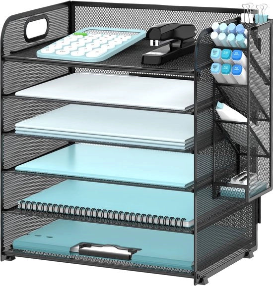 Organizzatore per ufficio 6 strati con 4 contenitori per penne, organizzatore per scrivania con rete, cassetto per lettere con maniglia, organizzatore per cartelle, cassetto per A4, nero