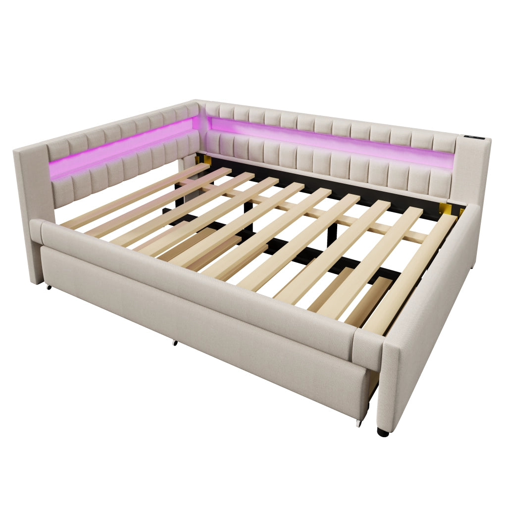 OKWISH Letto Divano 140×200 cm, Letto Matrimoniale con LED Regolabile, USB, Tipo C e Letto Estraibile, senza Materasso, in Lino, Beige