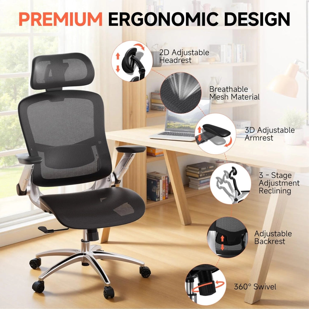Sedia da ufficio ergonomica da scrivania con mesh, poggiatesta 2D, braccioli 4D, schienale alto con bilanciere e bloccaggio (90-125°), seduta extra larga, portata 180 kg, colore nero