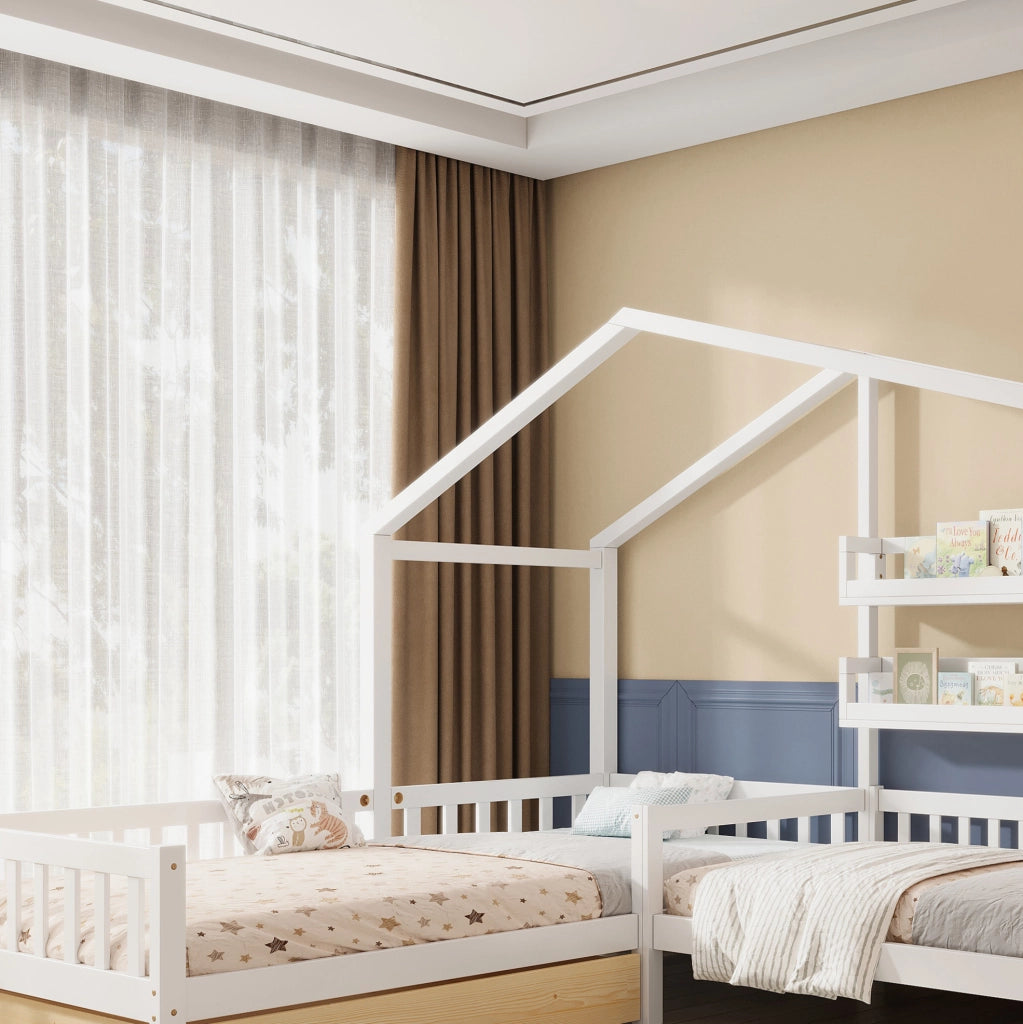 Letto a casetta a L in legno massello con cassetti e mensole bianco