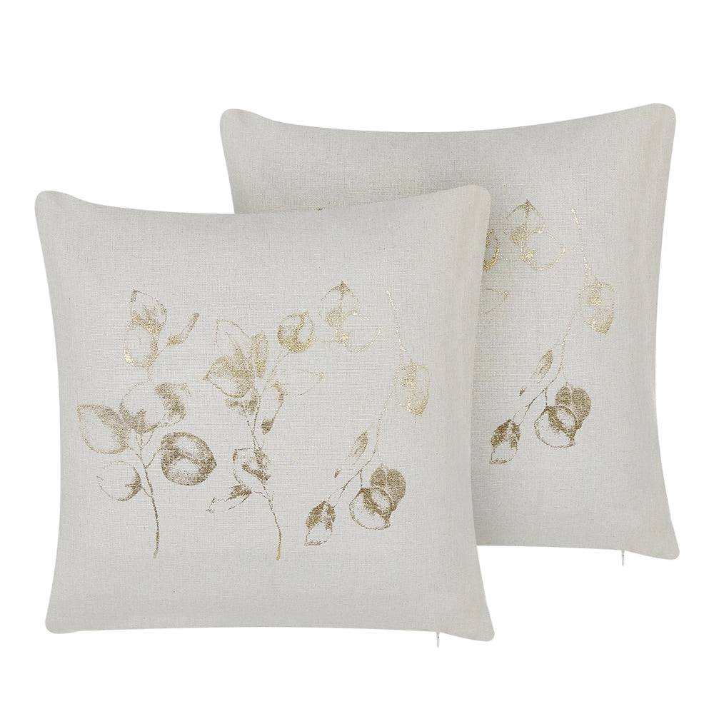 Set di 2 cuscini in poliestere bianco sporco 45 x 45 cm con stampa a foglia con imbottitura a cerniera.
