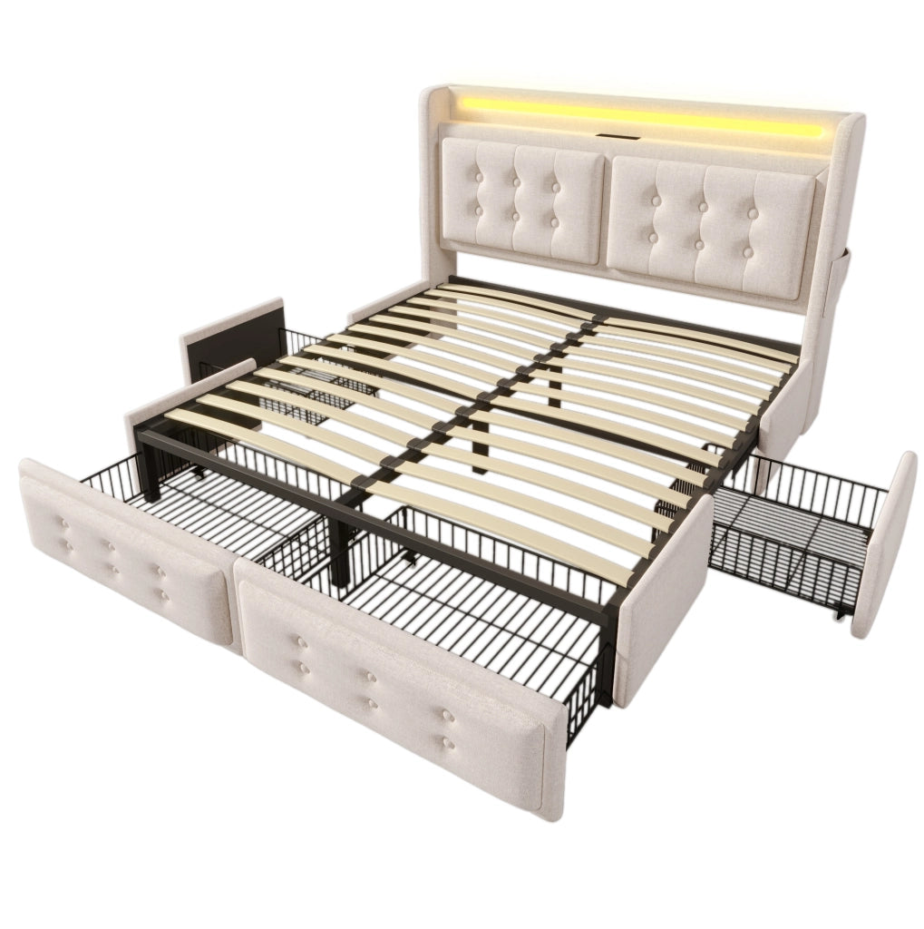 Letto 180x200 cm con LED; ricarica e 4 cassetti in cotone e lino beige