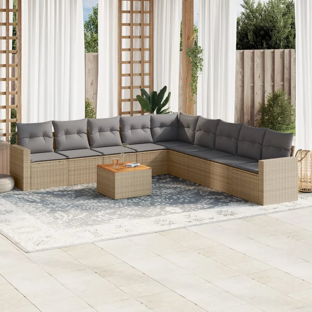 Set Divano da Giardino 10 pz con Cuscini Beige in Polyrattan
