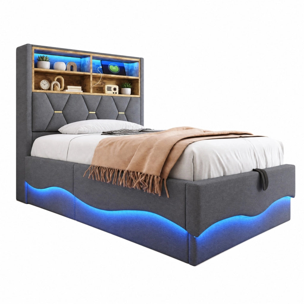Letto singolo con contenitore 90 × 200 cm con LED e USB; sollevamento idraulico; metallo e lino grigio