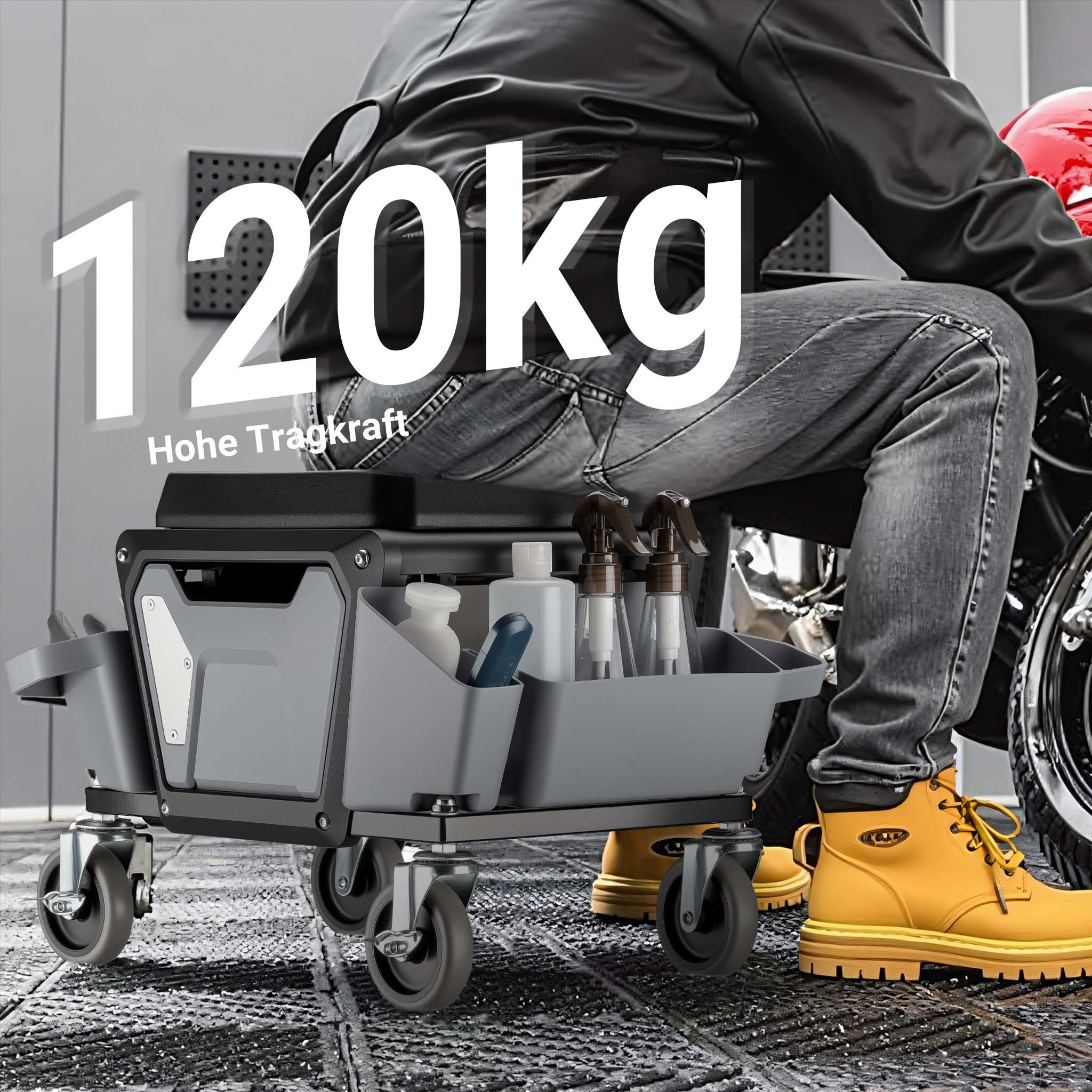 Sgabello da officina con ruote e porta attrezzi, sgabello mobile da meccanico, 120 kg di portata