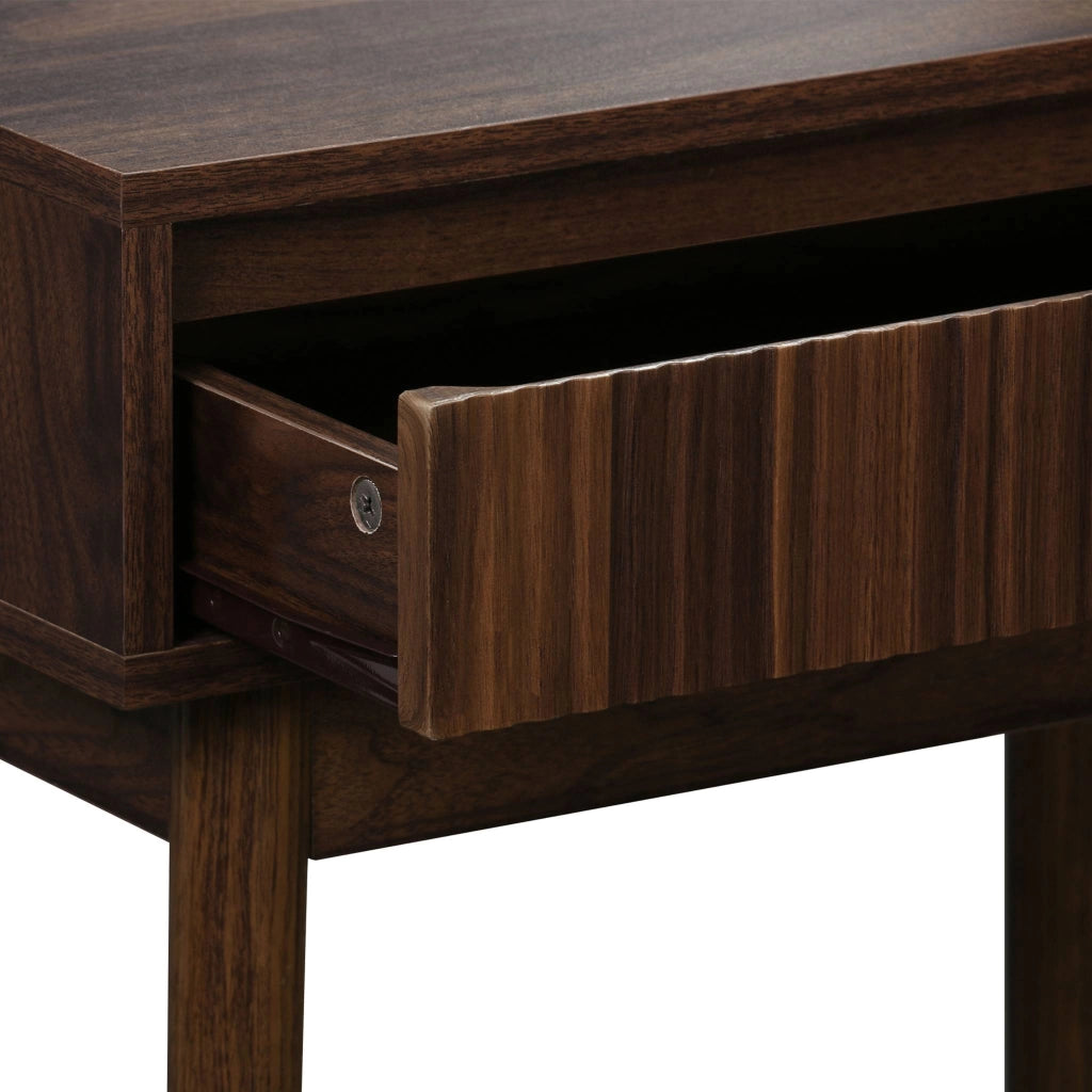 Toeletta trucco decorato in legno, specchio rotondo e 1 cassetto,