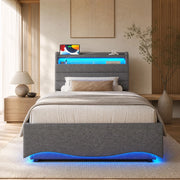 Letto imbottito 90x200 cm in lino grigio con LED, USB e Tipo-C, contenitore idraulico, senza materasso