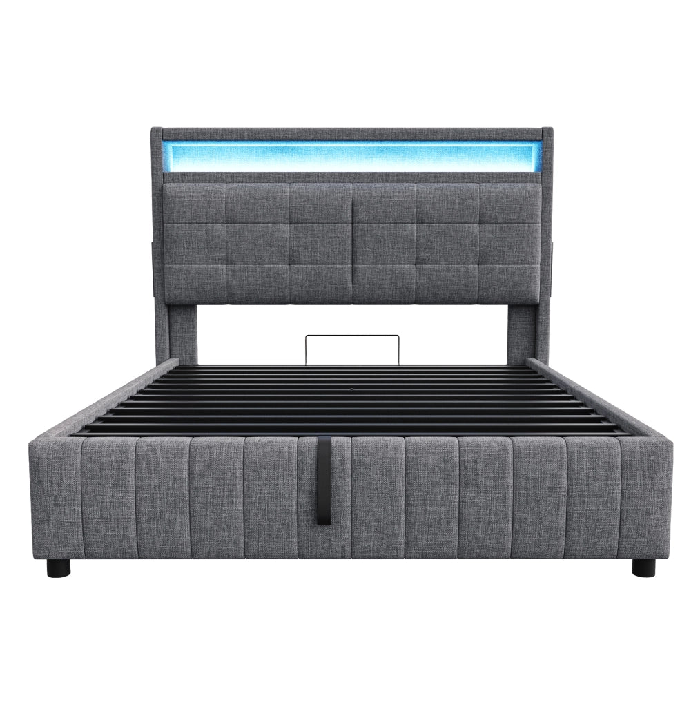 Letto imbottito 160x200 cm con LED; USB e contenitore in tessuto di lino grigio
